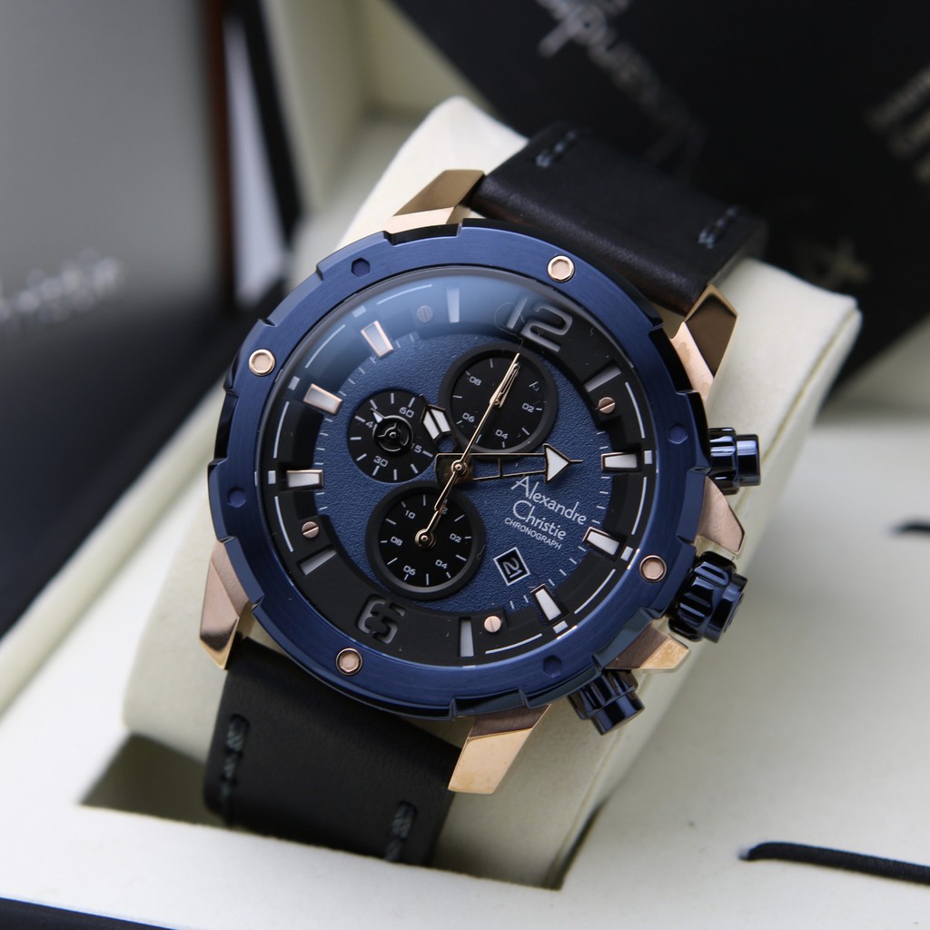 Jam Tangan Pria Alexandre Christie AC 6410 MC LURBU Chronograph Blue Rosegold Leather Black Original