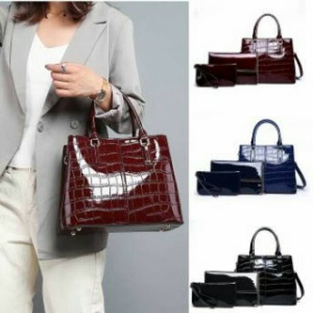 Tas Wanita Paketan Handbag 3in1 Tas Kerja set Tas Kulit glossy Import Murah TI 1028