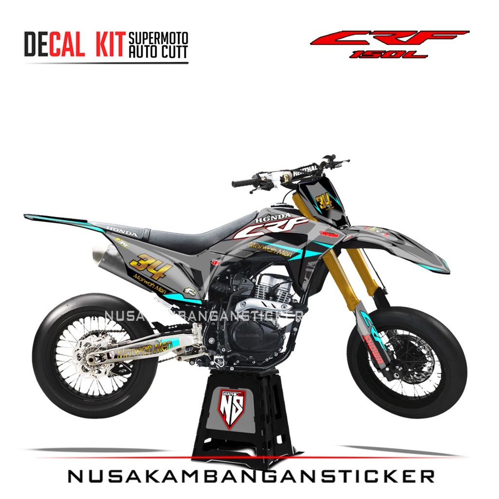 Decal Stiker Supermoto Motor Honda CRF 150 L Full Body Abu abu Biru Toska Grafis Racing Team Sticker