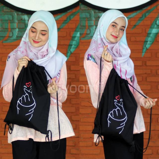 STRINGBAG TAS RANSEL SERUT SABLON | korean style bahan drill TANGAN LOVE  Saranghaeyo