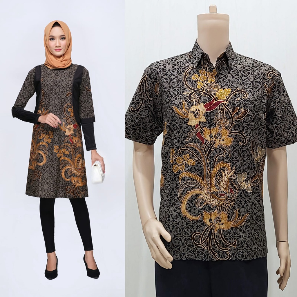 Set Couple Sarimbit Keluarga Lebaran Tunik Batik Muslim 2964 Hitam