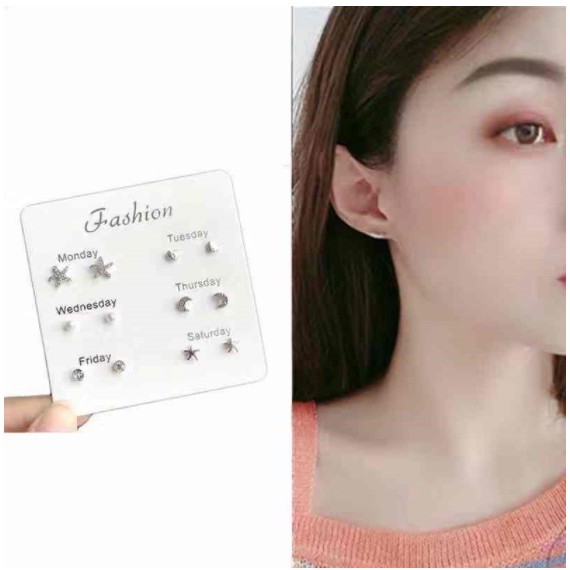 6 Pasang Anting Set Tindik Tusuk untuk 1 Minggu Korea Fashion Earrings Pria Wanita Stud Korean style