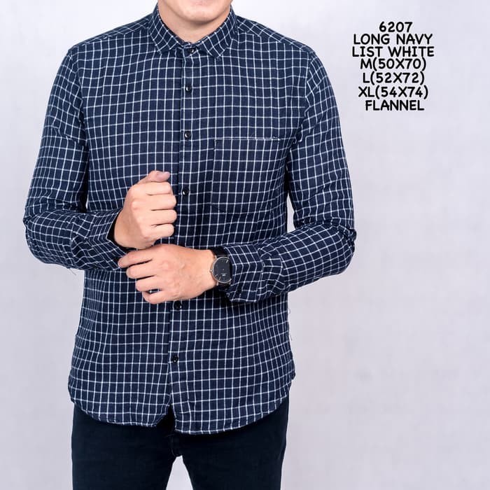 YB KEMEJA FLANEL PRIA SLIM FIT LENGAN PANJANG MOTIF KOTAK MODEL LONG SLEEVE NAVY LIST WHITE 6207