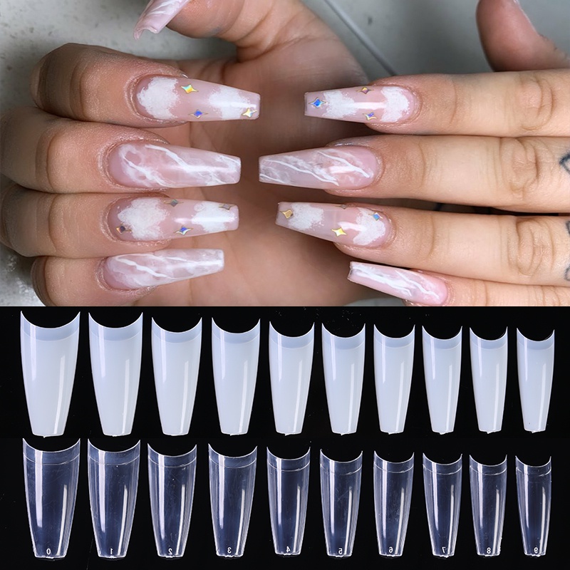 500pcs / Kantong Kuku Palsu Akrilik Uv Gel Polish Transparan Natural Gaya Perancis Untuk Nail Art