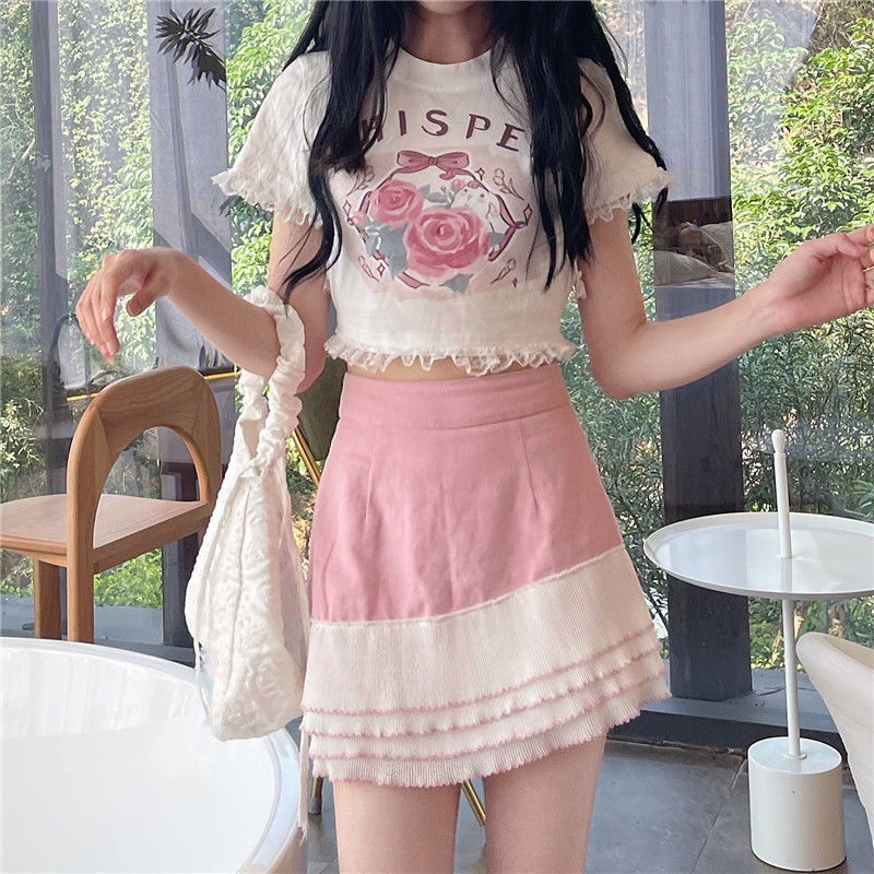 Suhao Vintage Rose Rabbit Desain Sensorik Lace Patch Lengan Pendek T-Shirt Perempuan Siswa Pendek Strap Spice Girl