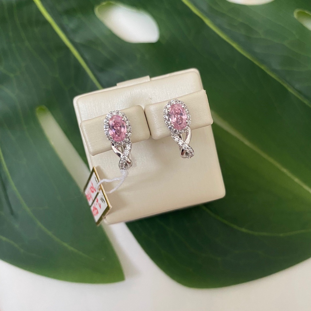 Anting Emas Putih Jepit 17K Kadar 750 75% Fashion Zircon Pink 2.56 Gr