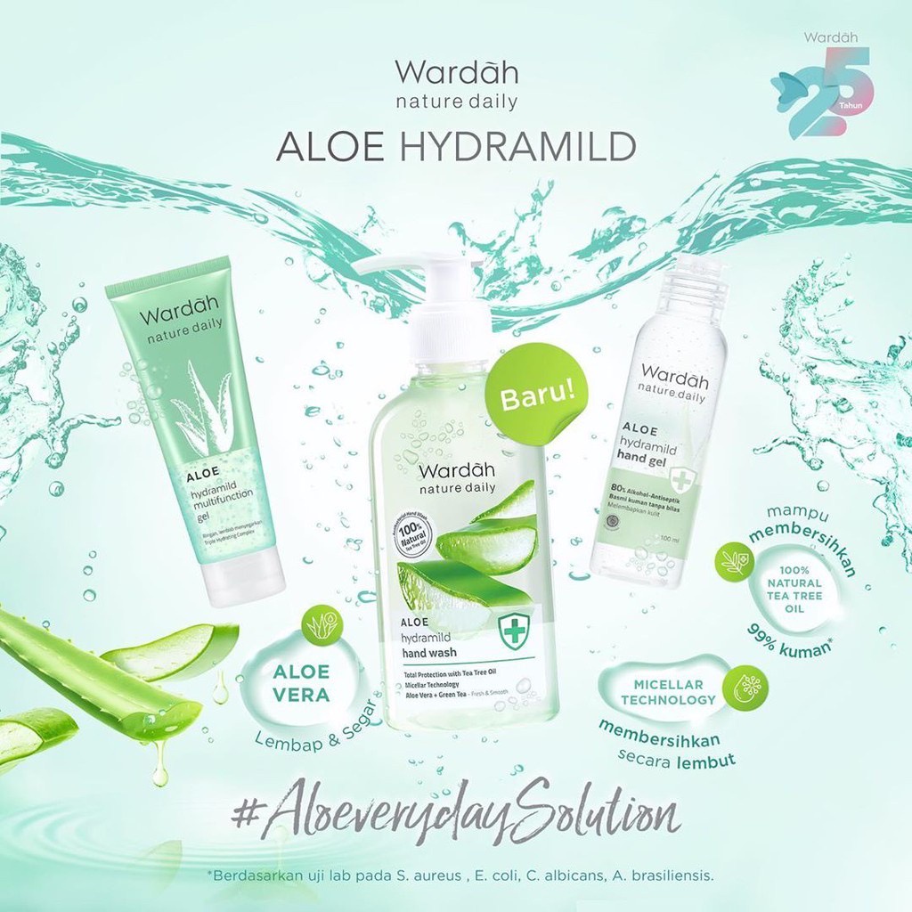 WARDAH Nature Daily Aloe Hydramild Indonesia / Facial Wash Essence Toner Serum Moisturizer Cream Multifunction Gel Sheet Mask Hand Wash / Cleanser Sunscreen Shampoo Conditioner / Vera Seaweed Witch Hazel Mineral+ Anti Dandruff Shine / Paket Set Face Wajah