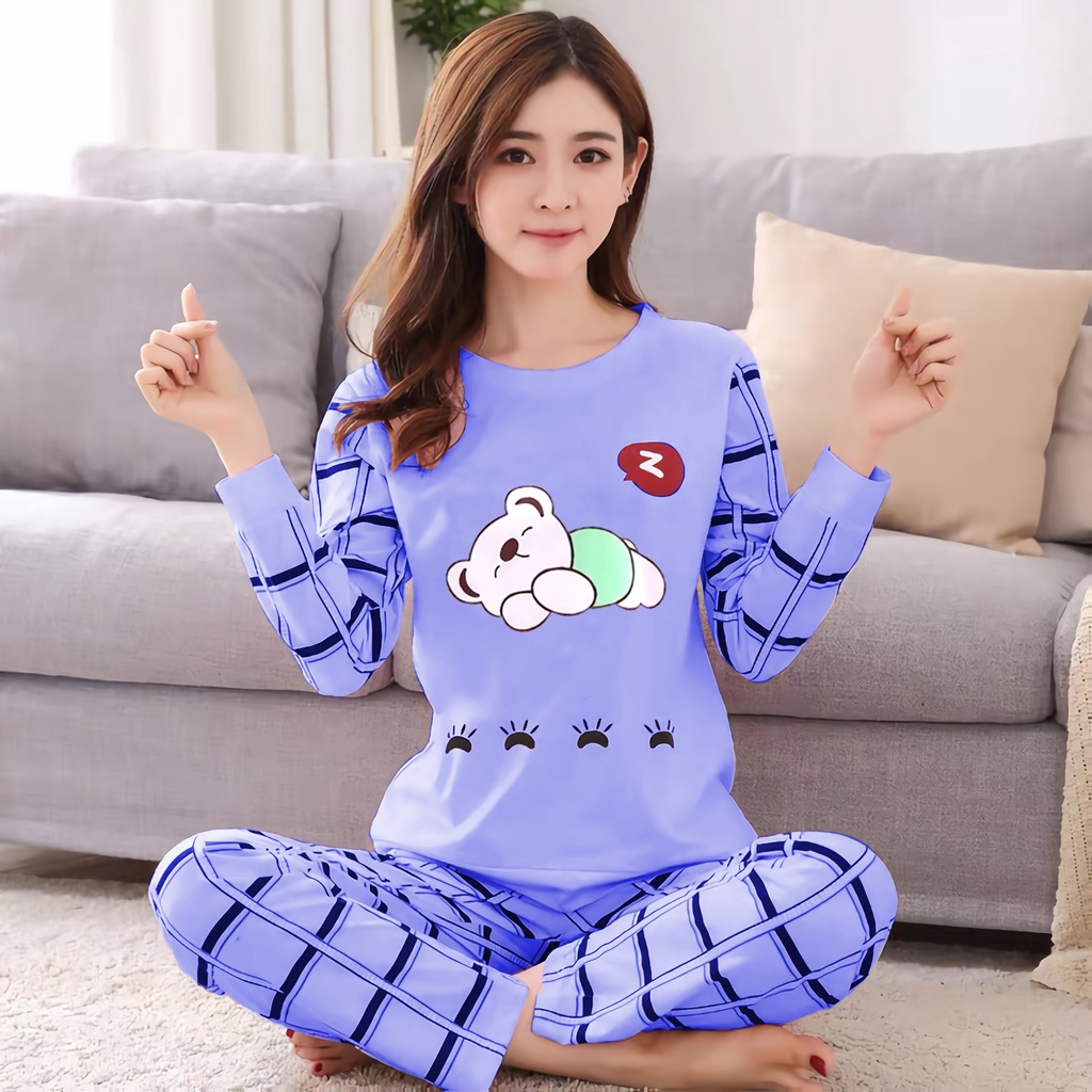 Lilipop.id  Baju Tidur Wanita Sleep Bear Celana Panjang PP Allsize Lengan Panjang Baby Doll Bahan Kaos Dewasa
