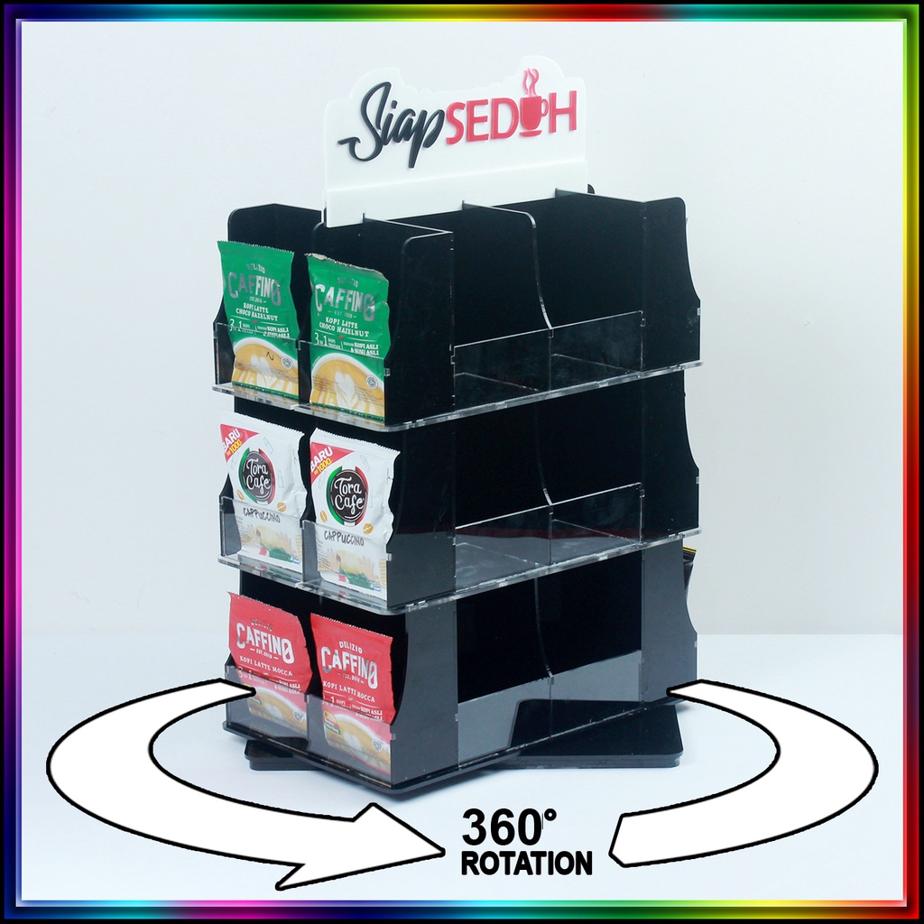 Rak Akrilik Kopi Display Siap Seduh Pedestal Rotate Putar Medium