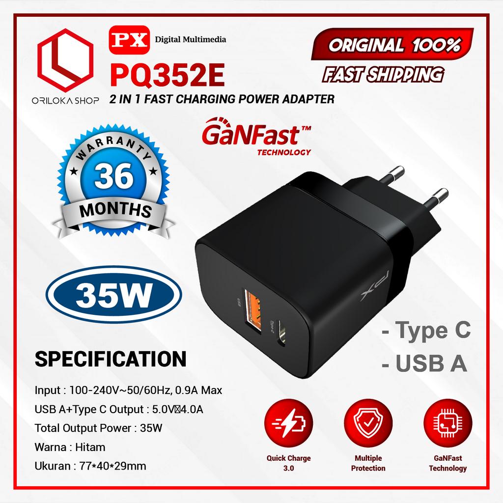 Kepala Charger Adaptor Fast Charging Type C+USB A 35W / PX PQ352E - Garansi Resmi