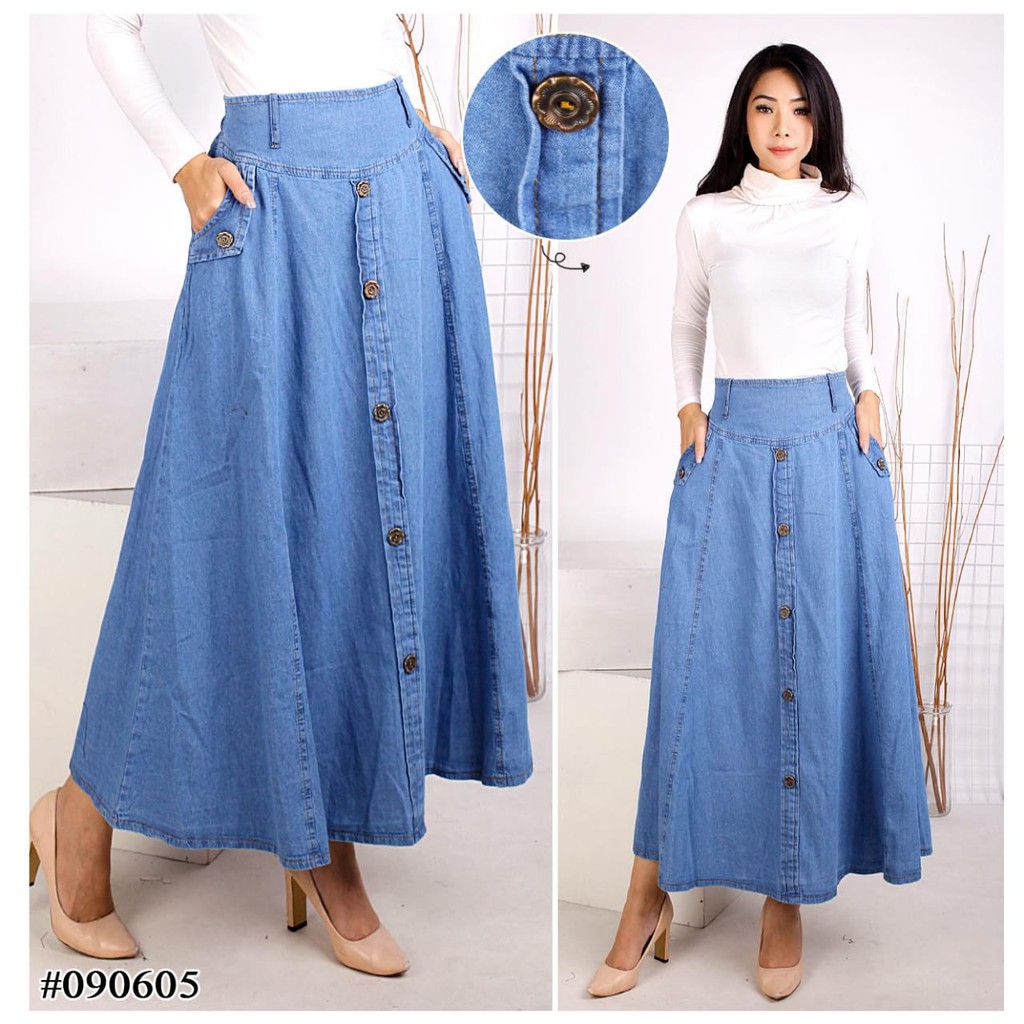 Rok jeans maxi skirt allsize pinggang karet