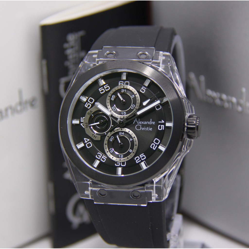 ALEXANDRE CHRISTIE 6546 RUBBER PRIA BLACK SILVER ORIGINAL AC6546 AC 6546 JAM TANGAN COWOK