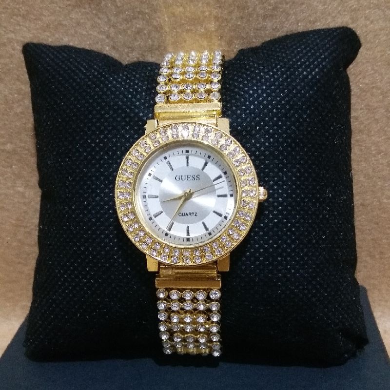 Jam Tangan Wanita Guess Rantai Gold Full Mata
