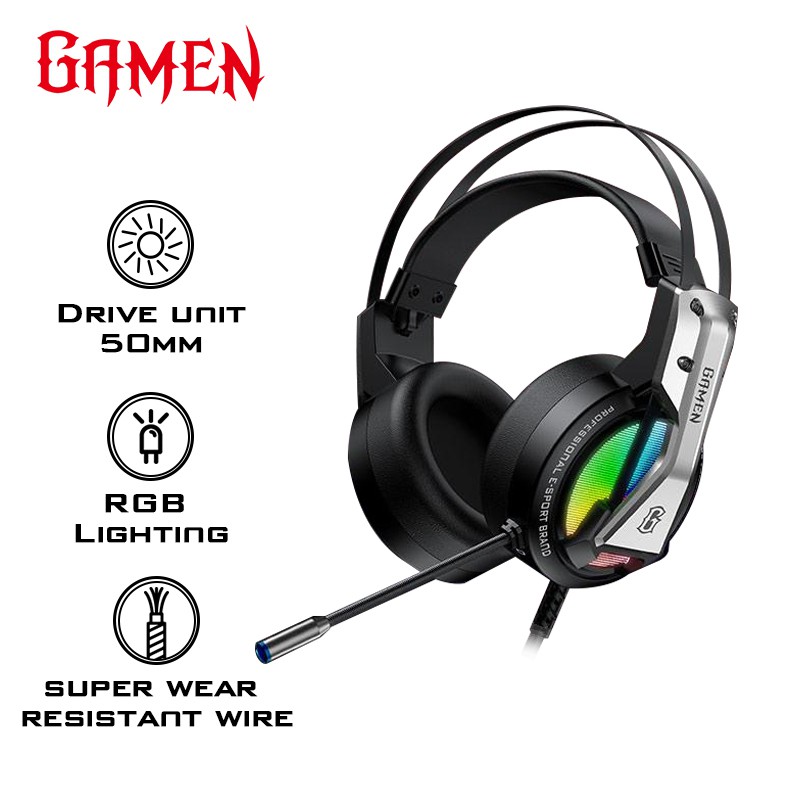 GAMEN GH1500 3.5mm Audio Jack Input RGB LED Light Braided Wire Gaming Headset Black-Garansi