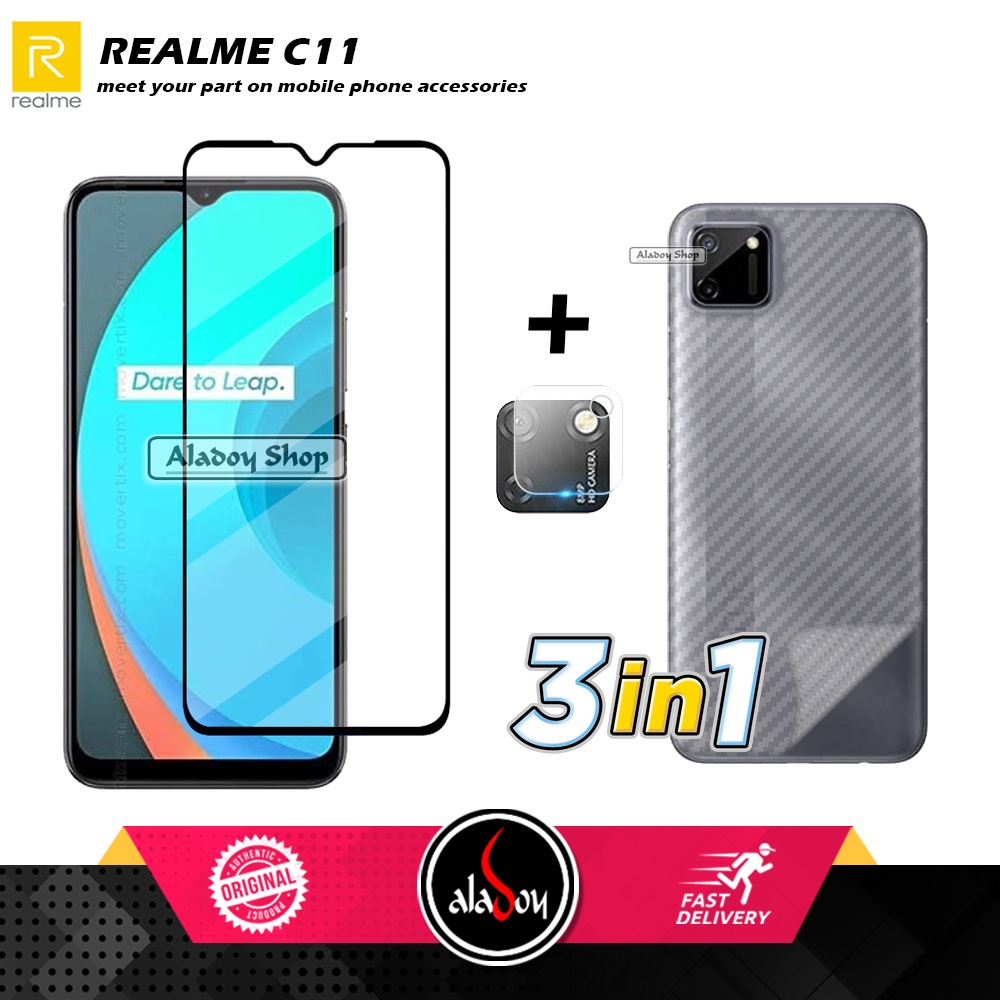 PAKET 3 IN 1 Tempered Glass Layar Realme C11 Free Tempered Glass Camera dan Skin Carbon