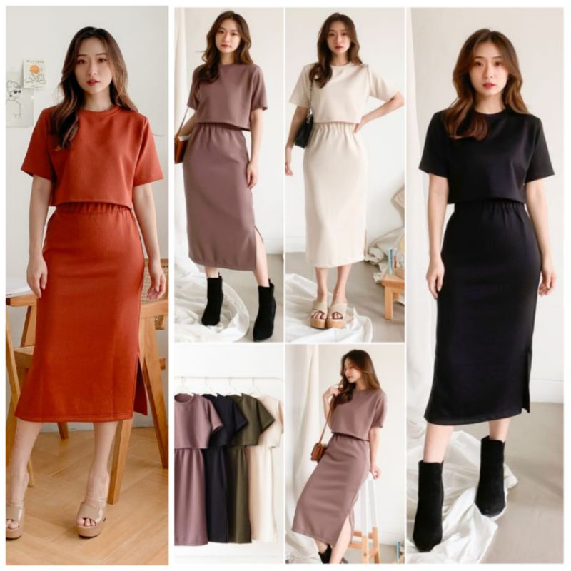 ❣️ SPECIAL PRICE ♡ PREMIUM ♡ ORIGINAL ! WILLA 2 IN 1 TEXTURED SET CROP BLOUSE WITH BODYCON SLIT MIDI SKIRT / SETELAN ATASAN PENDEK &amp; ROK SELUTUT