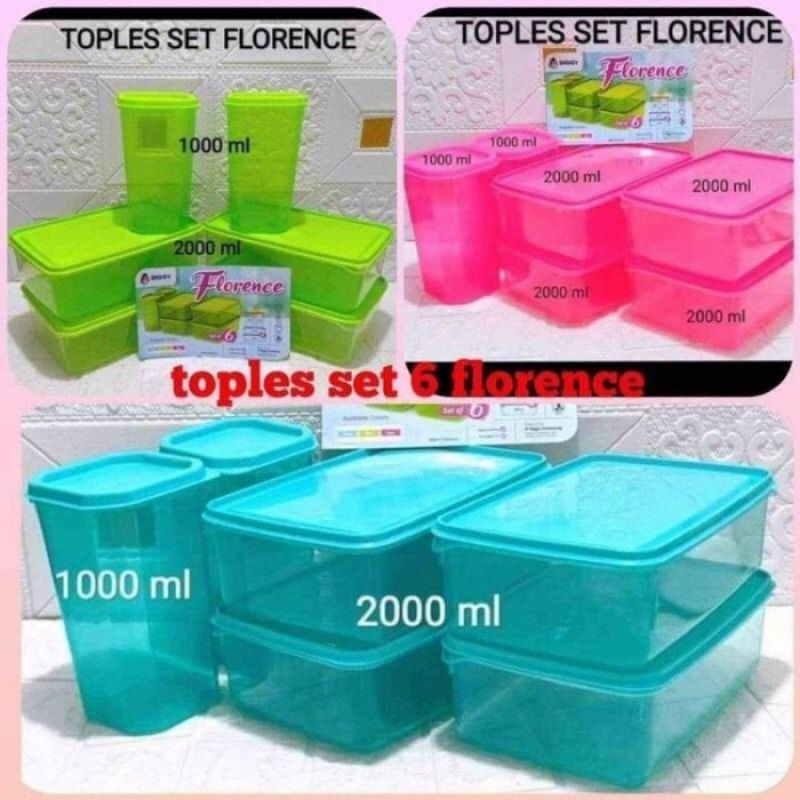 Toples Kotak Florence Set 6pcs Box Kotak Kue Serbaguna / Tempat Wadah Sayur Sealware 2000ml Container Botol 1000ml