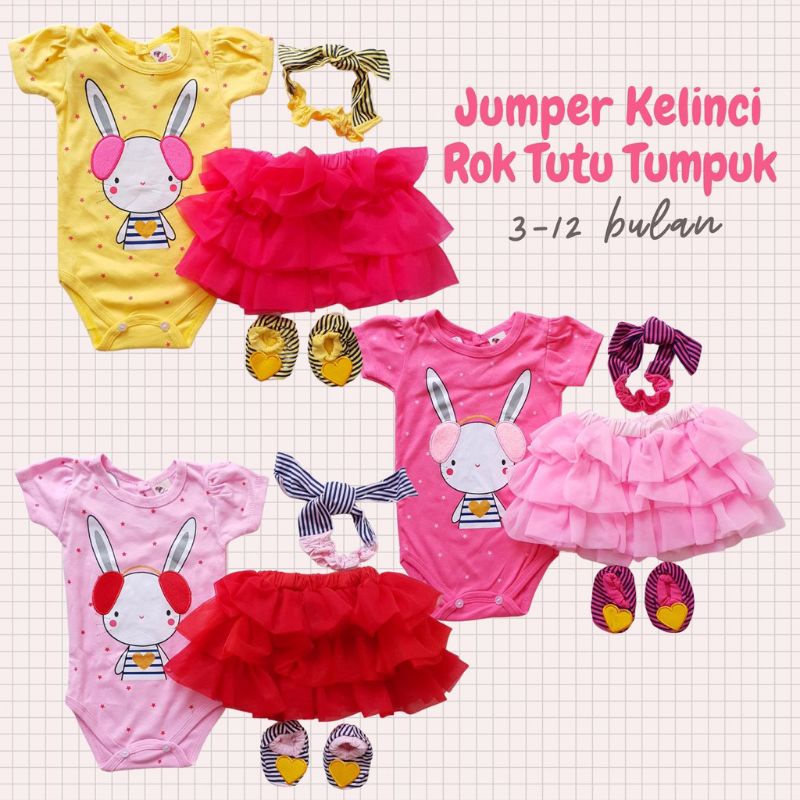 SETELAN BAJU BAYI PEREMPUAN JUMPER  TUTU 4IN1 0-12 BULAN FREE SEPATU &amp; BANDO / SETELAN JUMPER TUTU BAYI CEWEK KELINCI JUMPER SET / Romper bayi newborn 3  bulan 12 bulan baby cewek kelinci rabbit jumper set perempuan dress bayi ulang tahun 1 tahunan