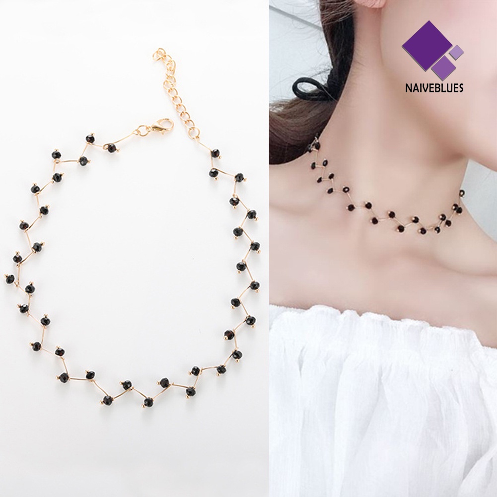 Kalung Choker Rantai Pendek Model Gelombang Aksen Manik-Manik Warna Hitam Untuk Wanita