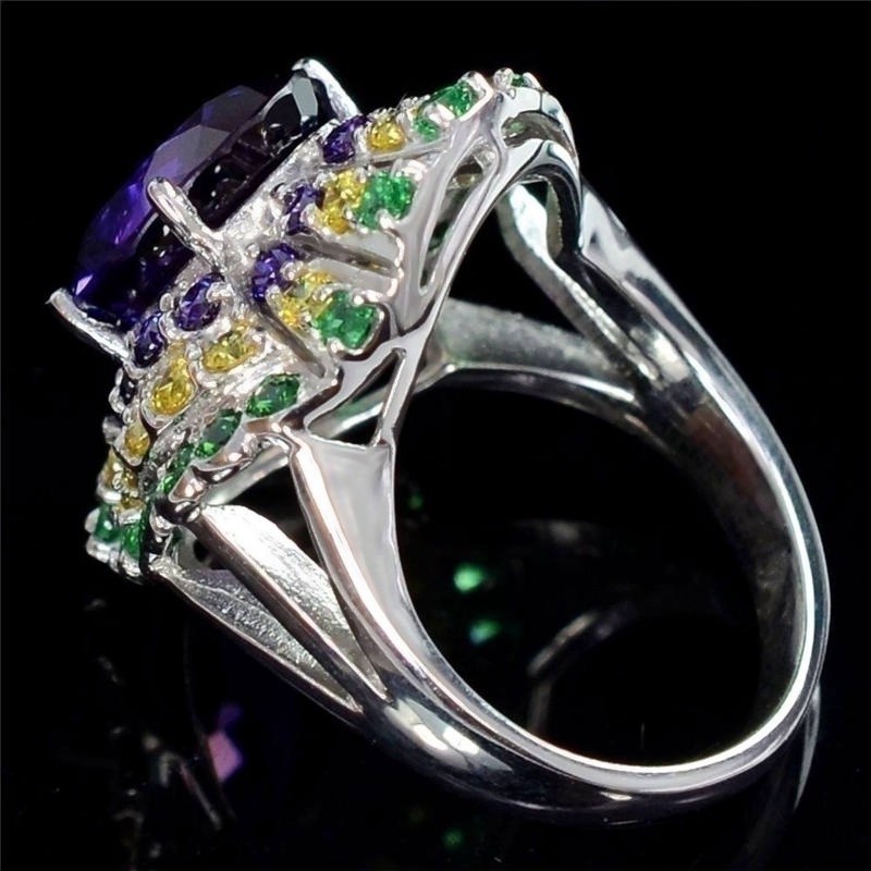 SeuSuk Natural Amethyst &amp; Topaz &amp; Emerald Wedding Birthstone Bride Fashion Ring