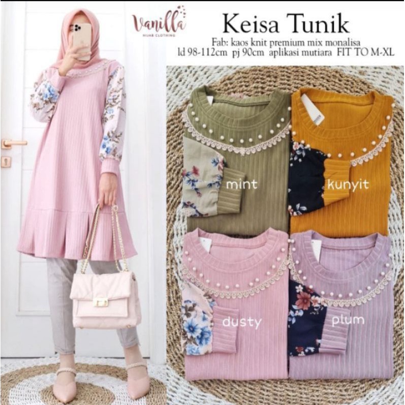 Atasan Wanita kaos Knit Mix Monalisa Keisa Tunik by Vanilla Hijab Fashion Ori Solo
