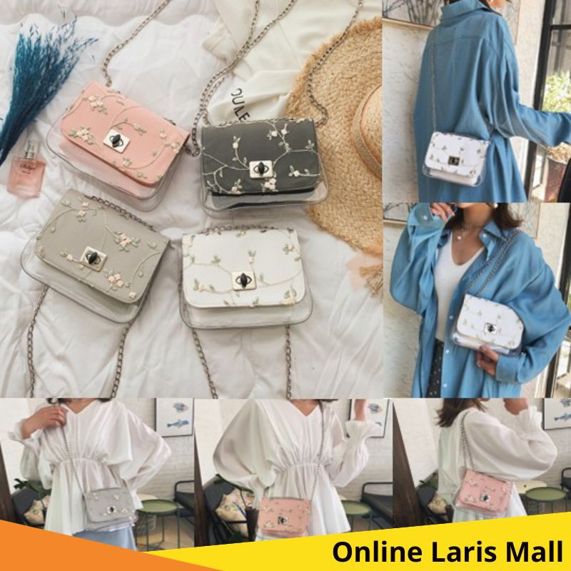 OLM - T399 TASSLEMPANG BUNGA TRANSPARAN / TAS WANITA / TAS FASHION / / TAS SELEMPANG / IMPORT BATAM