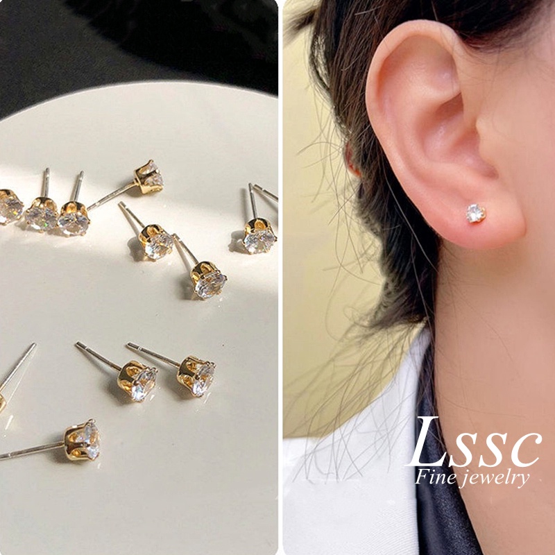 Anting Titanium Berlian Satu Mata Mewah Emas 14K Anti Karat Aksesoris Wanita Korea