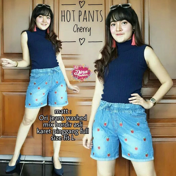 Hotpants Jeans Kekinian - Bordir Motif Buah Cherry