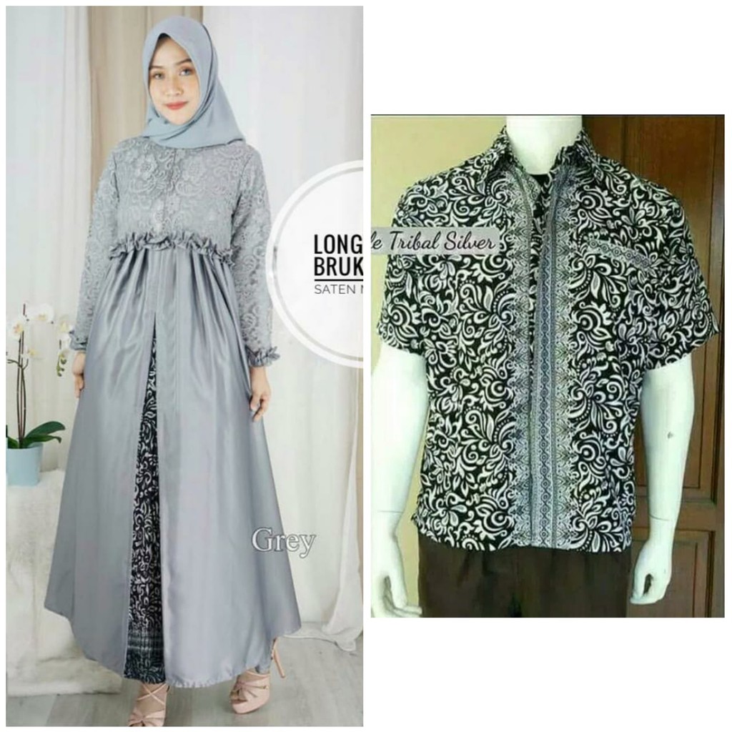 Couple gamis Asyifa rok instan plisket wanita dan kemeja batik Pria