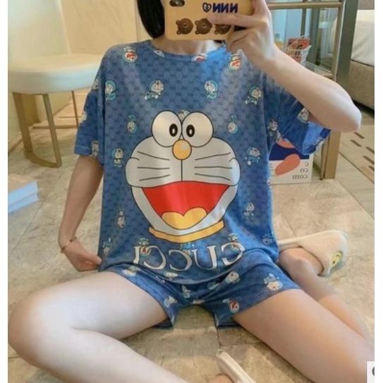 Piyama SET Import Wanita Dewasa Baju Tidur HP Katun Korea Halus babydoll DORAEMON GUCCI BIRU (PJ10)