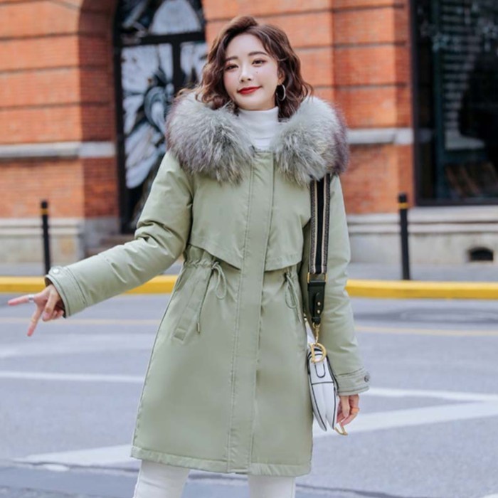 Jaket Parka Winter Wanita Tebal dengan Hoodie Bulu ada ukuran Jumbo