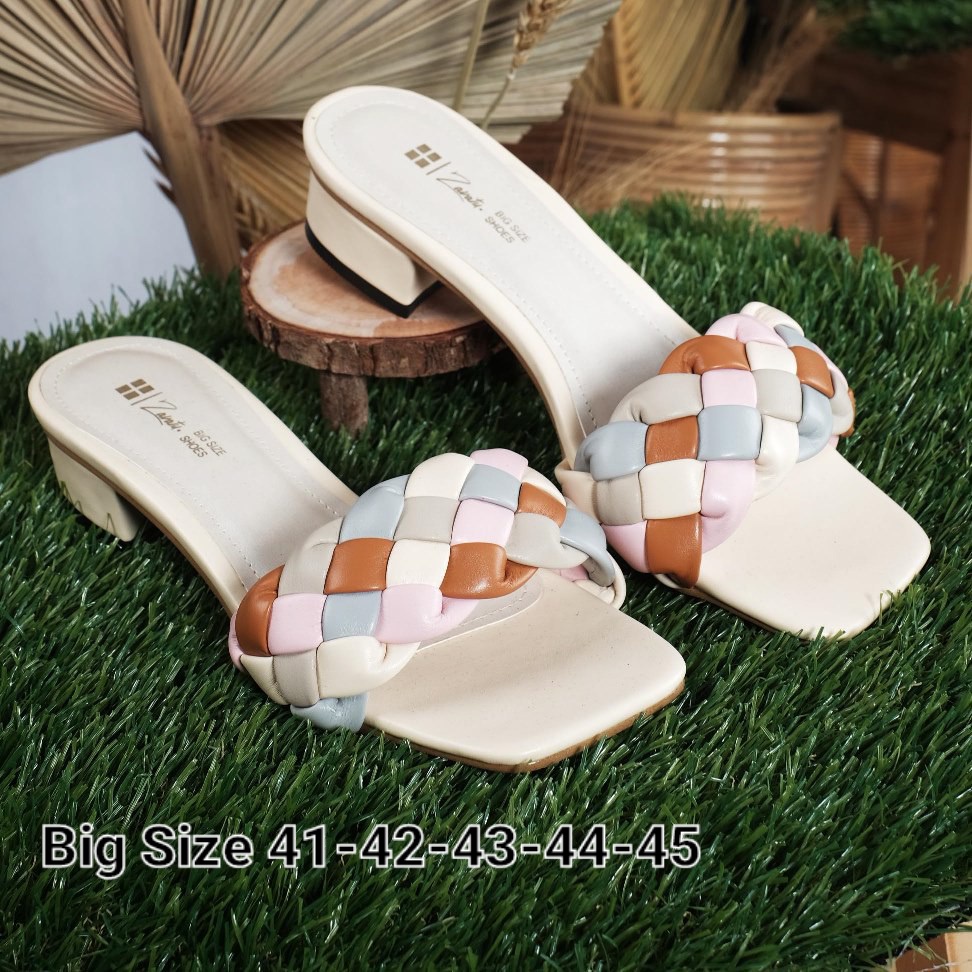 Sendal heels wanita Beige model kepang cantik Sandal ukuran jumbo 41-42-43-44-45