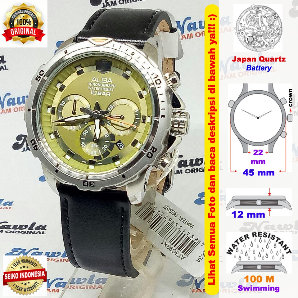 Alba Quartz AT3C99X1 Chronograph Khaki Dial - Jam Tangan Pria AT3C99