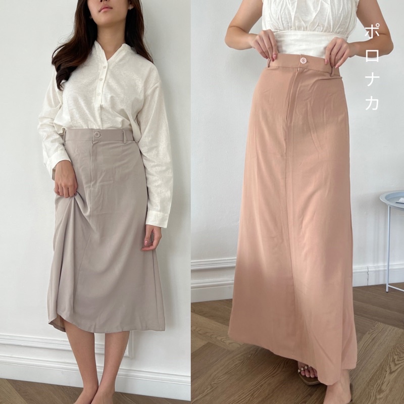 PORONAKA - NAMA Flare Midi &amp; Maxi Button Skirt A-Line Rok Kantor