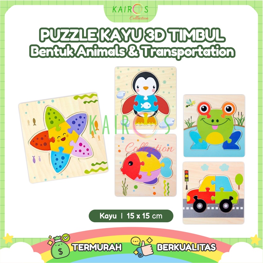 Puzzle Jigsaw Kayu 3D Timbul Motif Binatang Kendaraan Lucu
