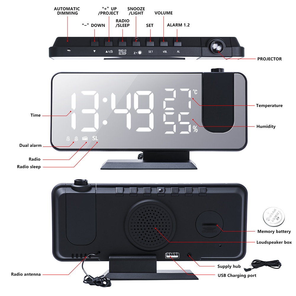 Jam Meja Digital Radio FM Termometer suhu Proyektor Jam Weker Beker Alarm tidur Speaker Radio Meja USB Charger LED Projector Clocks Digital Electronic Alarm Clock USB Wake Up FM Radio Desk Clocks Wall Home Decor Accesorios Room Calendar