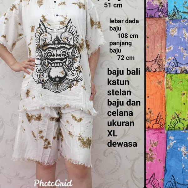☋ baju bali stelan baju dan celana bahan katun motip barong ukuran XL - Putih, XL ♙