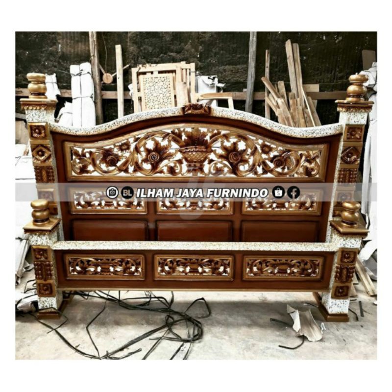 DIPAN TEMPAT TIDUR RAHWANA KERAWANG JATI JEPARA NATURAL MARMER - IJF234