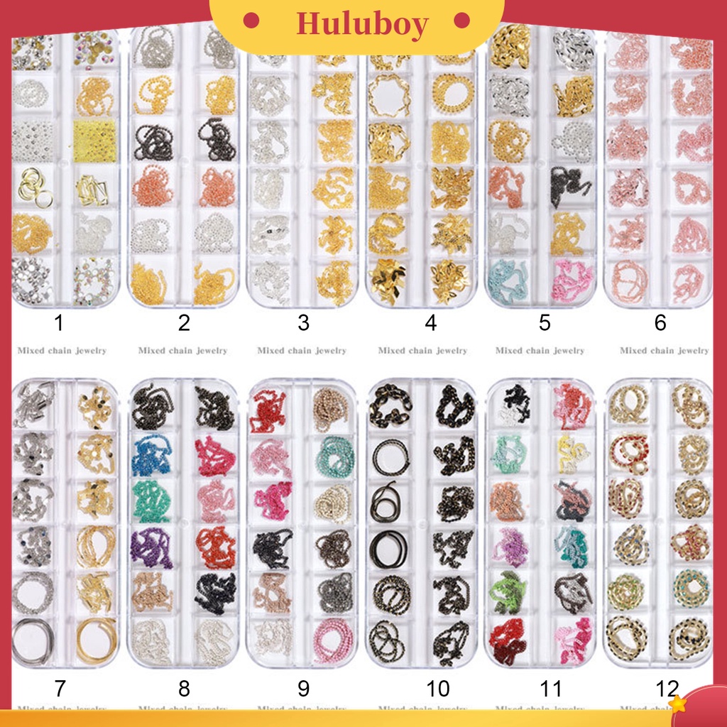 Huluboy Huluboy♡ 12pcs / Set Ornamen Rantai Berlian Imitasi 3D Bahan Metal Untuk Dekorasi Kuku Wanita