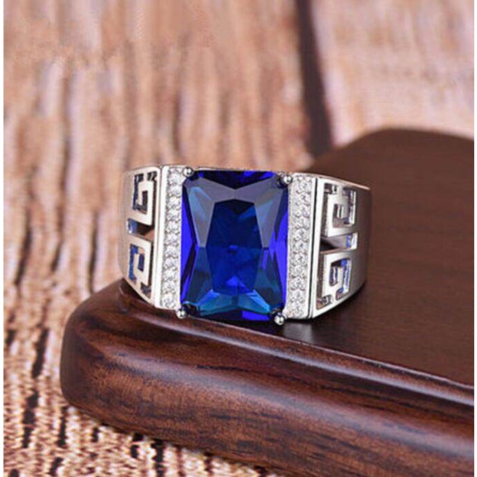 Cincin Zircon Biru Model Hollow Gaya Retro Untuk Pria