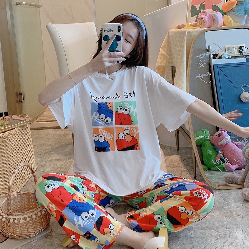 Piyama Oversize Bahan Kaos Lengan Pendek Baju Tidur Wanita pakaian tidur wanita kaos set baju tidur wanita piyama-Sesame Comic