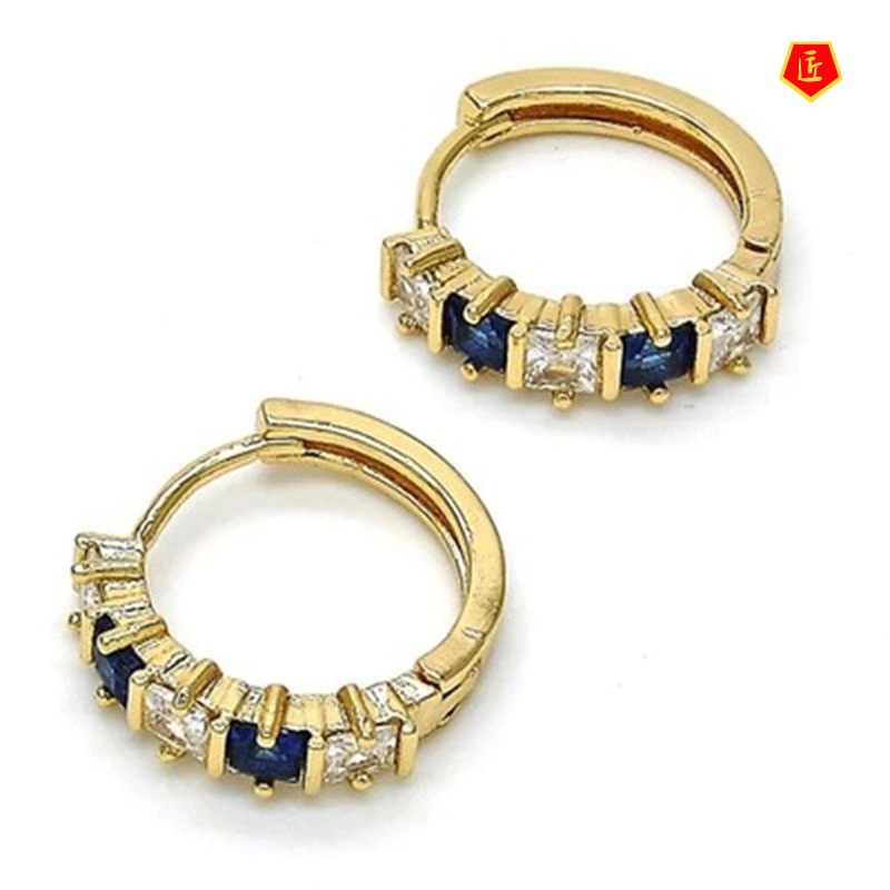 [Ready Stock]18K Gold Inlaid Sapphire Square Diamond Earrings