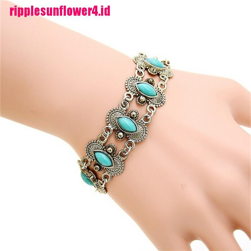 Gelang Tangan Silver Aksen Batu Turquoise Ala Bohemian Untuk Wanita