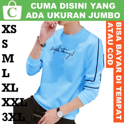 XXXL XXL XL L M S XS Kaos Pria Sweater Cowok Korea Garis Lengan Panjang Polos Bordir Kata BIRU MUDA 
