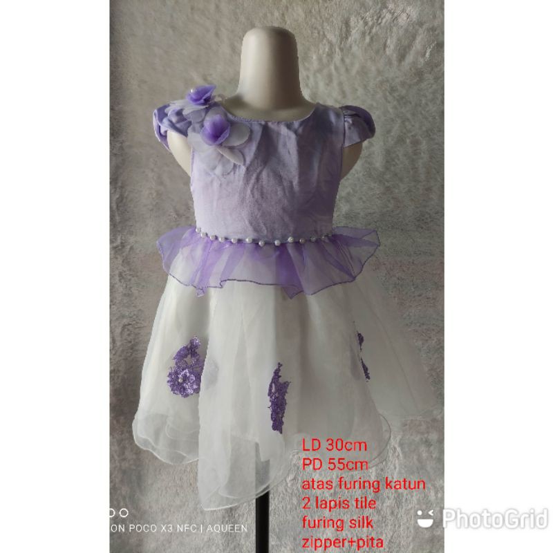 (2-3tahun) Dress Anak Perempuan / Dress Princess / Gaun Pesta Anak Lilac Kombi Putih Bunga Mutiara