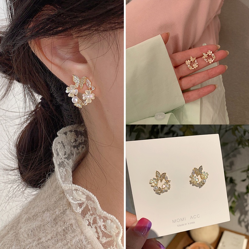 Fashion Fairy Butterfly Pearl Earrings Temperament Korea S925 Silver Needle Earrings For Women