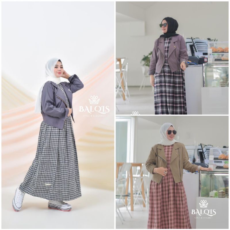 Set Gamis Dress Outer Motif Kotak by BALQIS Original