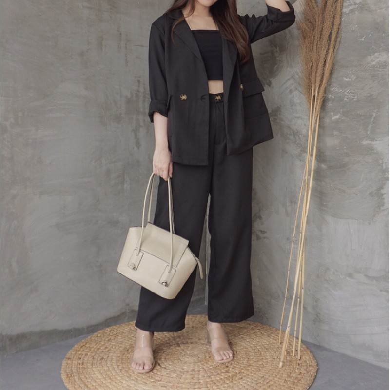 MSMO Set Long Blazer Culotte / Set Wanita / Setelan Wanita / Blazer Wanita / Set Blazer-Black