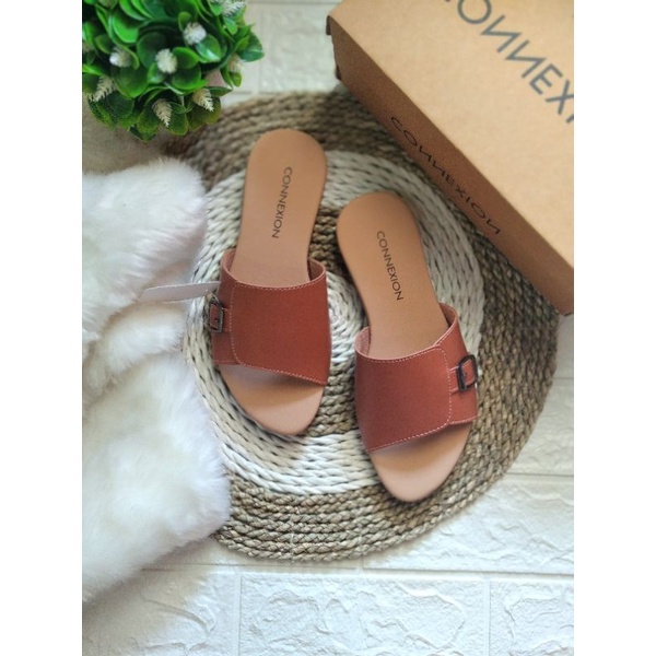 sandal slop flet connex SL.D/wanita terbaru-Tan