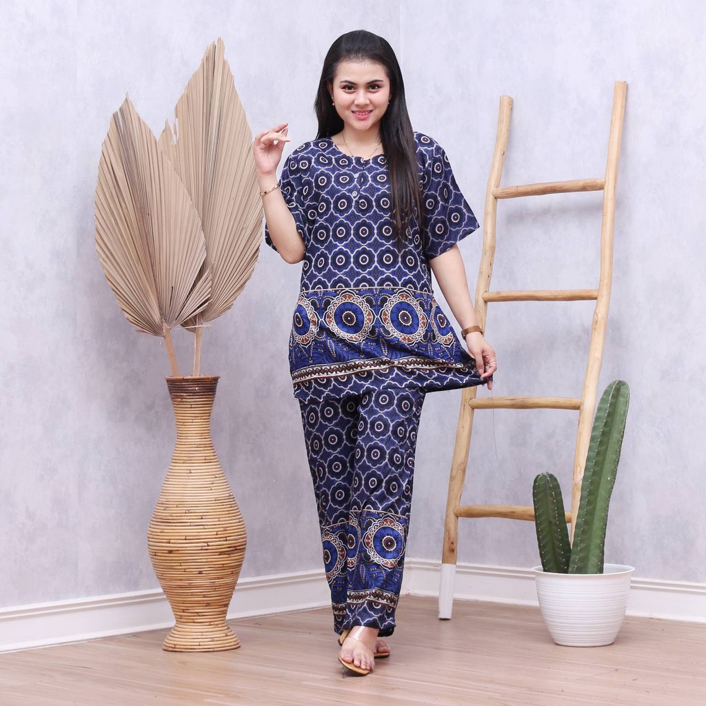 Batik Prass - Setelan Baju Tidur Busui Lengan Pendek - Piyama Batik Terbaru - Baju Santai-ITALY BIRU
